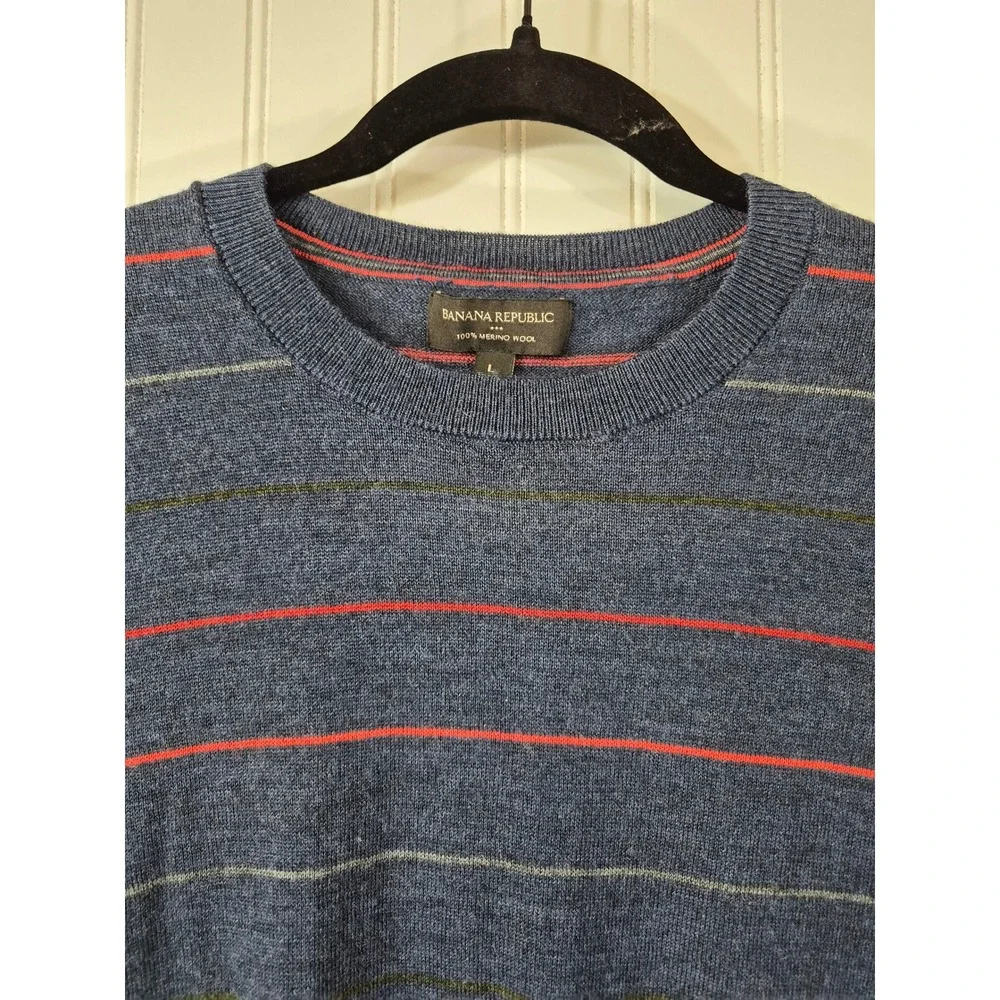 Banana Republic Mens Blue Striped 100% Merino Wool Crewneck Sweater Large